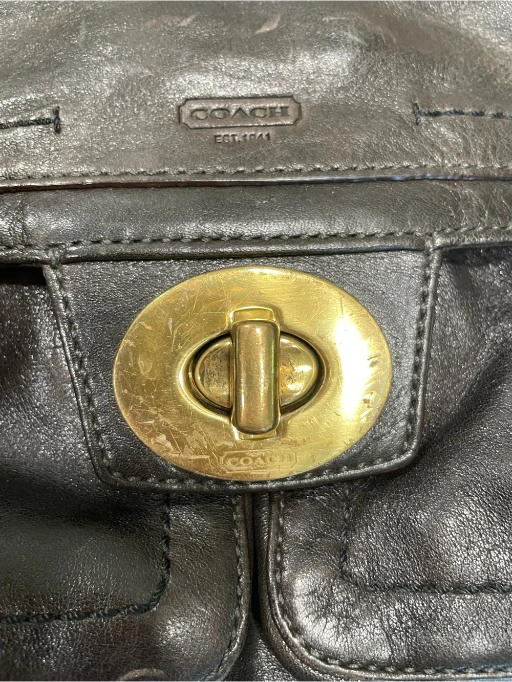 Coach Black Leather Handbag with Purple Lining